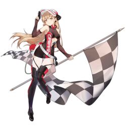 Rule 34 | 1girl, black footwear, black thighhighs, blonde hair, blush, boots, breasts, buckle, center opening, checkered flag, clothes writing, cross, cross earrings, dress, earrings, elbow gloves, fingerless gloves, flag, full body, girls&#039; frontline, gloves, gun, hair between eyes, hair ornament, handgun, hat, highres, holding, holding flag, holding gun, holding weapon, holster, jewelry, light brown hair, long hair, looking at viewer, medium breasts, multiple piercings, official alternate costume, official art, ppk (girls&#039; frontline), ppk (mach tempest) (girls&#039; frontline), race queen, revision, see-through, short dress, sidelocks, sleeveless, sleeveless dress, smile, smile (mm-l), snap-fit buckle, solo, thighhighs, transparent background, trigger discipline, visor cap, walther, walther ppk, weapon, white hat