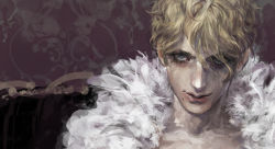 Rule 34 | 1boy, androgynous, as (ashes), blonde hair, blue eyes, collarbone, couch, eyelashes, feather boa, hair over one eye, looking at viewer, male focus, mole, mole under mouth, original, smile, solo