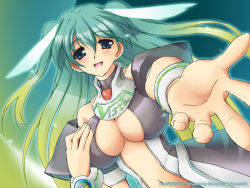 Rule 34 | 1girl, artist name, bare shoulders, blue eyes, blush, bracelet, breasts, center opening, character name, dutch angle, facing viewer, gradient background, gradient hair, green background, green hair, jewelry, long hair, medium breasts, midriff, multicolored hair, navel, no bra, os-tan, outline, pov, reaching, reaching towards viewer, revealing clothes, simple background, solo, tagme, takashima aki, two side up, very long hair, vista-tan, windows logo