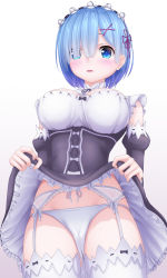 Rule 34 | 10s, 1girl, apron, bad id, bare shoulders, black dress, blue eyes, blue hair, breasts, cleavage cutout, clothes lift, clothing cutout, detached sleeves, dress, dress lift, eyes visible through hair, from below, garter belt, garter straps, groin, hair ornament, hair over one eye, highres, large breasts, lingerie, long sleeves, looking at viewer, maid, open mouth, panties, parted lips, puffy long sleeves, puffy sleeves, re:zero kara hajimeru isekai seikatsu, rem (re:zero), revision, short hair, solo, tapisuke, thighhighs, thighs, underwear, waist apron, white panties, white thighhighs, x hair ornament
