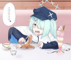 Rule 34 | ..., 1girl, blue archive, blue hat, blue sweater, butter, cup, drooling, food, fork, hair ornament, hair over one eye, hairclip, halo, hat, highres, hiyori (blue archive), holding, holding fork, ice cream, medium hair, open mouth, saucer, scarf, side ponytail, solo, spoken ellipsis, spoon, sundae, sweater, table, teacup, yayuyoron