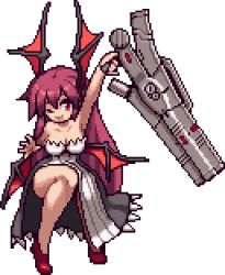Rule 34 | 1girl, armored core, armored core 3, bare legs, bare shoulders, breasts, cleavage, dress, from software, head wings, holding, koakuma, kuresento, long hair, looking at viewer, medium breasts, one eye closed, pixel art, pun, red eyes, red hair, simple background, smile, solo, strapless, strapless dress, touhou, transparent background, weapon, white background, wings