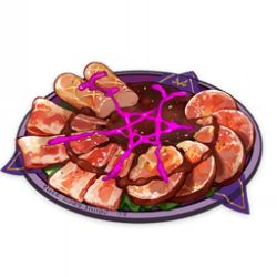 Rule 34 | artist request, bacon, bad food, commentary, die heilige sinfonie (genshin impact), english commentary, food, food focus, game cg, genshin impact, ham, hexagram, lettuce, lowres, meat, no humans, official art, sauce, sausage, simple background, still life, third-party source, transparent background, tray