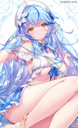 Rule 34 | 1girl, ahoge, anklet, beret, bikini, blue hair, breasts, flower, hair flower, hair ornament, hat, hololive, hong (white spider), jewelry, large breasts, legs, long hair, looking at viewer, multicolored hair, patreon username, sitting, solo, swimsuit, thighs, two-tone hair, virtual youtuber, white bikini, white hat, yellow eyes, yukihana lamy