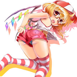 Rule 34 | 1girl, adjusting clothes, alternate costume, armpits, ass, bare shoulders, baseball cap, bespectacled, blonde hair, embodiment of scarlet devil, fang, female focus, flandre scarlet, flat chest, glasses, hat, open mouth, panties, red eyes, shirt, shorts, side ponytail, solo, striped clothes, striped panties, striped thighhighs, sushoyushi, thighhighs, touhou, underwear, upshirt, upshorts, wings, zettai ryouiki