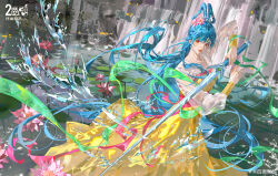 Rule 34 | 1girl, absurdres, blue hair, bridal gauntlets, chinese clothes, closed mouth, dress, drop earrings, duijin ruqun, earrings, feet out of frame, fighting stance, flower, green shawl, hagoromo, hair between eyes, hair flower, hair ornament, hair rings, hanfu, head chain, highres, holding, holding sword, holding weapon, hongmao and lantu, humanization, jewelry, lake, lantu, light smile, long hair, long sleeves, looking at viewer, lotus, lotus leaf, pink flower, pink sash, red eyes, red lips, sash, see-through, see-through sleeves, shawl, shirt, simian chuge, solo, splatter, standing, sword, water, waterfall, weapon, weibo logo, weibo watermark, white bridal gauntlets, white shirt, yellow dress