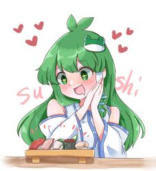 Rule 34 | + +, 1girl, antenna hair, blush, commentary request, detached sleeves, drooling, emphasis lines, english text, food, frog hair ornament, green eyes, green hair, hair ornament, heart, kochiya sanae, long hair, looking at food, own hands together, shirt, simple background, single hair tube, sleeveless, sleeveless shirt, snake hair ornament, sushi, sushi geta, table, tanikake yoku, touhou, white background, white shirt, white sleeves