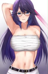 Rule 34 | 1girl, arm up, armpits, arms behind back, bandages, bare arms, bare shoulders, belt, black belt, blue eyes, blush, breasts, chest sarashi, cleavage, commentary request, gradient background, grey background, grin, hair between eyes, highres, indie virtual youtuber, kson, large breasts, long hair, looking at viewer, midriff, mole, mole under eye, navel, purple hair, sarashi, sleeptopi, smile, solo, souchou, stomach, strapless, tube top, upper body, very long hair, virtual youtuber, white background