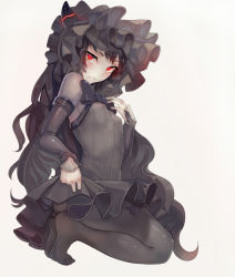 Rule 34 | 10s, 1girl, abyssal ship, ass, black hair, black pantyhose, black theme, blush, bow, breasts, detached sleeves, feet, frilled skirt, frills, full body, gothic lolita, horns, isolated island oni, kantai collection, lolita fashion, long hair, looking at viewer, no shoes, pantyhose, parted lips, red eyes, seiza, simple background, sitting, skirt, small breasts, smile, solo, very long hair, walzrj, wavy hair