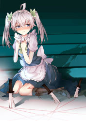 Rule 34 | 1girl, antenna hair, apron, blue dress, blue eyes, blush, boots, brown footwear, character request, chiruru96, cosplay, dress, hands on own chest, izayoi sakuya, izayoi sakuya (cosplay), long hair, looking to the side, maid apron, maid headdress, nose blush, silver hair, sitting, sketch, solo, touhou, twintails, wariza