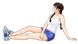 Rule 34 | 1girl, absurdres, arm support, blue shorts, braid, breasts, brown hair, collarbone, denim, denim shorts, from side, full body, highres, knee up, large breasts, long hair, looking up, medium breasts, ohtanijiro, original, shoes, short shorts, shorts, simple background, sitting, sneakers, solo, tank top, twin braids, white background, white footwear, white tank top