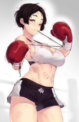 Rule 34 | 1girl, abs, bare shoulders, bikini, black bikini, black hair, black panties, black shorts, blood, blood from mouth, blood on clothes, blood on face, boxing gloves, boxing ring, boxing shorts, breasts, brown eyes, bruise, bruise on face, cleavage, clothes pull, commentary, contrapposto, cowboy shot, dev (dev0614), foreshortening, from side, gloves, grey background, groin tendon, hair tie, halterneck, hidden signature, highres, injury, large breasts, legs apart, looking at viewer, looking to the side, making-of available, messy hair, midriff, motion lines, mouth hold, multicolored bikini, multicolored bikini top, multicolored clothes, muscular, muscular female, navel, original, panties, parted bangs, parted lips, pointing, pointing at viewer, red gloves, scrape, short hair, short ponytail, shorts, shorts pull, sideboob, signature, solo, sports bra, sportswear, standing, stomach, string, sweat, swimsuit, taut clothes, thighs, tying, underwear, upshorts, white bikini, white shorts