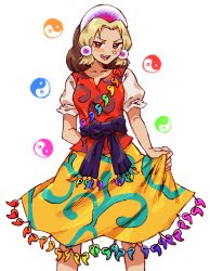 Rule 34 | 1girl, blonde hair, blouse, brown eyes, crown, earrings, jewelry, magatama, multicolored clothes, open mouth, orb, patterned clothing, pome grnt29, rainbow order, red shirt, sash, shirt, skirt, solo, tamatsukuri misumaru, tiara, touhou, unconnected marketeers, yellow skirt, yin yang, yin yang orb