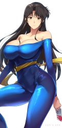 Rule 34 | 1girl, bare shoulders, blue bodysuit, blush, bodysuit, breasts, brown eyes, brown hair, card, cat&#039;s eye, cleavage, closed mouth, collarbone, copyright name, halcon, highres, kisugi hitomi, large breasts, long hair, looking at viewer, sash, smile, solo, thighs