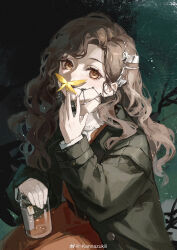 Rule 34 | 1girl, absurdres, braces, brown eyes, brown hair, coat, curly hair, dark background, dress, fairy, grey coat, hand to own mouth, hand up, highres, jar, kannazukii, long hair, looking to the side, red dress, reverse:1999, shirt, solo, tag, tooth fairy (reverse:1999), upper body, vore, weibo logo, weibo watermark, white shirt