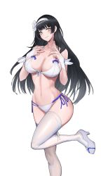 Rule 34 | 1girl, absurdres, bikini, black hair, blush, breasts, cleavage, front-tie bikini top, front-tie top, girls&#039; frontline, hairband, hands up, high heels, highres, large breasts, leg up, long hair, looking at viewer, multi-strapped bikini bottom, official alternate costume, side-tie bikini bottom, smile, solo, swavigg, swimsuit, thighhighs, type 95 (girls&#039; frontline), type 95 (summer cicada) (girls&#039; frontline), white background, white bikini, white footwear, white hairband, white thighhighs, yellow eyes