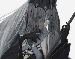 Rule 34 | 1girl, ayn ao12, black gloves, black veil, blue eyes, crown, fate/grand order, fate (series), gloves, grey hair, hair between eyes, long hair, looking at viewer, morgan le fay (fate), morgan le fay (queen of winter) (fate), parted lips, solo, veil, white background