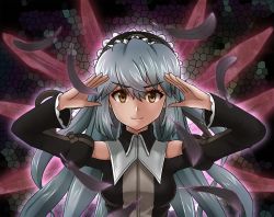 Rule 34 | 1girl, breasts, commentary request, dress, gothic lolita, grey hair, hairband, highres, honghuo renyang, katrina elesius, lolita fashion, long hair, ribbon, solo, white hair, wild arms, wild arms xf