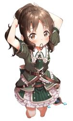 Rule 34 | 1girl, arms up, blush, brown eyes, brown hair, closed mouth, cropped legs, green jacket, green skirt, hair tie, hair tie in mouth, highres, idolmaster, idolmaster cinderella girls, jacket, long hair, looking at viewer, mouth hold, parted bangs, ponytail, puffy short sleeves, puffy sleeves, short sleeves, simple background, skirt, solo, striped clothes, striped skirt, sweat, tachibana arisu, tying hair, vertical-striped clothes, vertical-striped skirt, white background, yukie (kusaka shi)