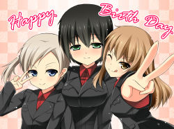 Rule 34 | 3girls, :q, birthday, black hair, blonde hair, blouse, blue eyes, breast pocket, brown eyes, brown hair, checkered background, fernandia malvezzi, green eyes, happy birthday, kuragari, looking at viewer, luciana mazzei, martina crespi, military, military uniform, multiple girls, one eye closed, pink background, pocket, ponytail, red shirt, shirt, side ponytail, smile, strike witches, tongue, tongue out, uniform, v, wink, world witches series