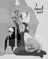 Rule 34 | 1girl, 2b (nier:automata), 2boys, 9s (nier:automata), absurdres, arm between legs, ass, backless leotard, backless outfit, bare shoulders, blindfold, blush, body writing, boots, breasts, byme (bymetalala), cage, caressing testicles, curvy, elbow gloves, english text, fingerless gloves, flaccid, foreskin, from side, full body, gloves, hairband, hetero, high heels, highleg, highleg leotard, highres, huge ass, huge penis, huge testicles, leotard, licking testicle, lipstick, lipstick mark, lipstick mark on testicles, looking at another, makeup, medium breasts, medium hair, monochrome, multiple boys, navel, netorare, nier:automata, nier (series), oral, penis, penis on head, precum, profile, shiny skin, sitting, size difference, slap mark, solo focus, testicle sucking, testicles, thick thighs, thigh boots, thighs, thong leotard, tongue, tongue out, uncensored, urethra, veins, veiny penis, wariza, wide hips