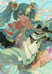Rule 34 | 1girl, :3, absurdres, aqua rose, black dress, blue sky, closed mouth, commentary request, cowboy shot, dress, fingernails, flower, flower skirt, green flower, green hair, green rose, green theme, hair flower, hair ornament, hatsune miku, highres, hlymoriia, layered dress, long hair, looking at viewer, magical mirai (vocaloid), magical mirai miku, magical mirai miku (2021), multicolored clothes, multicolored dress, non-web source, orange flower, orange rose, own hands clasped, own hands together, pink flower, pink rose, red dress, red flower, red rose, ribbon trim, rose, sky, sleeves past elbows, smile, solo, twintails, very long hair, vocaloid, white dress, white flower, white nails, wide sleeves, yellow flower, yellow rose