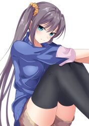 Rule 34 | 1girl, aqua eyes, black thighhighs, blue sweater, blush, brown hair, brown shorts, closed mouth, commentary request, eyelashes, feet out of frame, from side, hair between eyes, highres, ino hotori, knees up, long hair, long sleeves, looking at viewer, official alternate costume, official alternate hairstyle, outstretched arms, pnsk4125, sen no hatou tsukisome no kouki, shorts, side ponytail, simple background, sitting, smile, solo, split mouth, straight hair, sweater, thighhighs, thighs, tsurime, turtleneck, turtleneck sweater, very long hair, white background, zettai ryouiki
