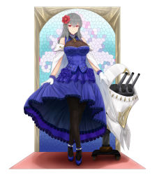 Rule 34 | 1girl, absurdres, archstreal, azur lane, black pantyhose, blue dress, blue footwear, breasts, closed mouth, clothes lift, cross, cross necklace, dress, dress lift, flower, gloves, grey hair, hair flower, hair ornament, highres, jewelry, large breasts, long hair, looking at viewer, mole, mole under eye, necklace, pantyhose, red eyes, saint-louis (azur lane), solo, stained glass, standing, white background, white gloves