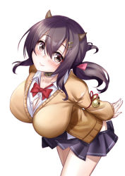 Rule 34 | 1girl, arms behind back, azur lane, bell, bow, bowtie, breasts, brown eyes, closed mouth, collarbone, collared shirt, frilled skirt, frills, hair between eyes, hair ornament, hairclip, head tilt, horns, jingle bell, ken ill, large breasts, long sleeves, looking at viewer, nagara (azur lane), neck bell, open clothes, open shirt, pink ribbon, ponytail, purple hair, ribbon, shirt, sidelocks, simple background, skirt, smile, solo, sweater, white background, yellow sweater
