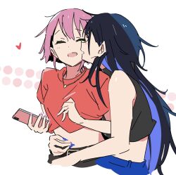 Rule 34 | 2girls, atenaba, bare arms, belt, black hair, black tank top, blue hair, blue nails, blush, cellphone, closed eyes, colored inner hair, commentary, crop top, cropped shirt, fingernails, hand on another&#039;s waist, hashtag only commentary, heart, highres, holding, holding phone, jewelry, kiss, kissing cheek, kororon (song), long fingernails, multicolored hair, multiple girls, necklace, open mouth, phone, pink hair, red shirt, shirt, short hair, short sleeves, simple background, smartphone, smile, tank top, upper body, white background, yuri