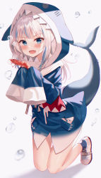 Rule 34 | 1girl, :d, absurdres, animal costume, animal hood, blue eyes, blue hair, blue hoodie, blunt bangs, blush, commentary request, fins, fish tail, gawr gura, gawr gura (1st costume), grey hair, hair ornament, hands up, haneiro, highres, holding, hololive, hololive english, hood, hoodie, kneeling, long hair, long sleeves, looking at viewer, medium hair, multicolored hair, open mouth, shark costume, shark girl, shark hood, shark tail, sharp teeth, shoes, shrimp, smile, sneakers, solo, streaked hair, tail, teeth, virtual youtuber, white background, white hair, wide sleeves