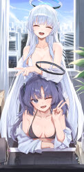 Rule 34 | 2girls, ;d, ^ ^, absurdres, bare shoulders, bikini, black bikini, blue archive, breasts, breasts apart, building, cleavage, closed eyes, collarbone, facing viewer, fang, grey hair, halo, highres, huhi (huhi 1211), indoors, looking at viewer, mechanical halo, medium breasts, multiple girls, noa (blue archive), one eye closed, open mouth, purple hair, shirt, smile, swimsuit, v, white bikini, white shirt, yuuka (blue archive)