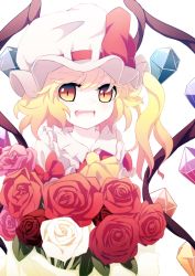 Rule 34 | 1girl, ascot, bad id, bad pixiv id, blonde hair, bouquet, bow, crystal, dise (psychoro), female focus, flandre scarlet, flower, hat, hat bow, open mouth, puffy sleeves, rose, side ponytail, slit pupils, solo, touhou, wings, yellow eyes