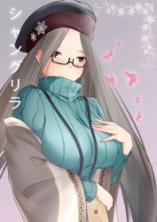 Rule 34 | 1girl, absurdres, aqua sweater, azur lane, black headwear, breasts, bug, butterfly, envelope, glasses, grey background, hand on own chest, highres, holding, holding letter, insect, lanyard, large breasts, letter, long hair, looking at viewer, official alternate costume, pink butterfly, ribbed sweater, rori railfans, semi-rimless eyewear, shangri-la (azur lane), shangri-la (utopia&#039;s collector) (azur lane), shawl, simple background, snowflake pin, solo, sweater, turtleneck, turtleneck sweater, upper body, very long hair