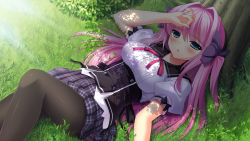 Rule 34 | 1girl, black pantyhose, blush, bow, breasts, dutch angle, grass, green eyes, hair bow, hair intakes, hair ribbon, highres, large breasts, long hair, looking at viewer, lying, on back, original, pantyhose, parted lips, pink hair, ribbon, school uniform, solo, tonchan, tree, tree shade, two side up