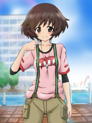 Rule 34 | 10s, 1girl, akiyama yukari, blue sky, blurry, blurry background, blush, brown eyes, brown hair, brown shorts, cargo shorts, casual, closed mouth, cowboy shot, day, depth of field, dog tags, girls und panzer, highres, layered sleeves, long sleeves, looking at viewer, messy hair, misakichi (fechisupi777), outdoors, pink shirt, print shirt, shirt, short hair, short over long sleeves, short sleeves, shorts, sky, smile, solo, standing, suspenders, t-shirt