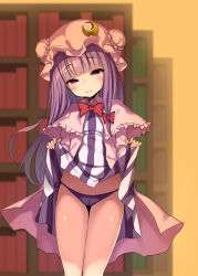 Rule 34 | 1girl, blunt bangs, book, bookshelf, bow, cameltoe, capelet, clothes lift, crescent, crescent hair ornament, dress, dress lift, hair bow, hair ornament, hat, lifting own clothes, long hair, looking at viewer, mob cap, panties, patchouli knowledge, pokachu, purple eyes, purple hair, purple panties, red bow, side-tie panties, smile, solo, standing, striped clothes, striped dress, thigh gap, touhou, underwear