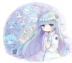 Rule 34 | 1girl, black skirt, blue eyes, blue hair, blunt bangs, blush, character name, closed mouth, coat, expressionless, hair ornament, high collar, iipoyo (364poyo), indie virtual youtuber, long hair, long sleeves, looking at viewer, official alternate costume, skirt, smile, solo, somunia, virtual youtuber, white coat