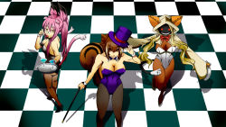 Rule 34 | 3girls, animal ears, arc system works, bare shoulders, black ribbon, blazblue, blazblue: continuum shift, blonde hair, bow, bowtie, breasts, brown eyes, brown hair, candy, cane, cat ears, cat girl, cat tail, cleavage, cocktail glass, cup, dark-skinned female, dark skin, drinking glass, fake animal ears, female focus, fishnet pantyhose, fishnets, food, glasses, grin, hat, high heels, hood, kittysuit, kokonoe (blazblue), leotard, lollipop, long hair, looking back, makoto nanaya, mask, multiple girls, multiple tails, muscular, nontraditional playboy bunny, orange eyes, pantyhose, pibiko, pink hair, playboy bunny, ponytail, purple ribbon, rabbit ears, red eyes, red ribbon, ribbon, shoes, short hair, smile, squirrel ears, squirrel tail, tail, taokaka, top hat, tray, twintails, wrist cuffs