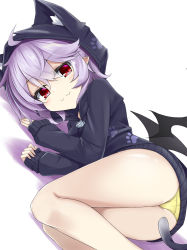 Rule 34 | 1girl, :3, akisome hatsuka, animal hood, ass, blush, cat hood, commentary request, dutch angle, hood, hoodie, long sleeves, looking at viewer, lying, on side, panties, paw print, pointy ears, purple hair, red eyes, remilia scarlet, solo, touhou, underwear, white background, yellow panties