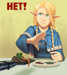 Rule 34 | 1boy, 1girl, armor, blonde hair, blue dress, braid, carrot, closed mouth, commentary, cyrillic, dress, dungeon meshi, elf, female focus, food, fork, frown, gauntlets, green eyes, highres, hindsart, holding, holding food, holding fork, laios (dungeon meshi), long hair, long sleeves, looking at another, mandragora, marcille donato, meme, out of frame, parody, plate, plate armor, pointy ears, poster (medium), propaganda, russian text, simple background, sitting, solo focus, table, translated, yellow background