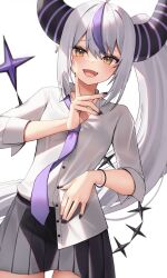 Rule 34 | 1girl, ahoge, blush, bracelet, demon girl, demon horns, demon tail, earrings, grey hair, highres, hololive, horns, jewelry, la+ darknesss, long hair, long sleeves, looking at viewer, multicolored hair, nail polish, necktie, open mouth, pleated skirt, pointy ears, purple hair, shirt, side ponytail, skirt, solo, streaked hair, striped, striped horns, tail, thomas 8000, two-tone hair, very long hair, virtual youtuber, white background, yellow eyes
