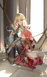 Rule 34 | 2girls, ass, backless outfit, bdsm, between breasts, between buttocks, blonde hair, bondage, bound, breasts, cleavage, cleavage cutout, clothing cutout, face to breasts, head between breasts, highres, large breasts, multiple girls, mythra (xenoblade), pyra (xenoblade), red hair, rope, tiara, xenoblade chronicles (series), xenoblade chronicles 2