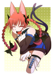 Rule 34 | 1girl, animal ears, bad id, bad pixiv id, bare shoulders, bent over, black thighhighs, boots, bow, braid, cat ears, cat tail, colored eyelashes, cosplay, detached sleeves, extra ears, closed eyes, hair bow, highres, kaenbyou rin, lace-up thighhighs, leaning forward, long hair, morichika rinnosuke, morichika rinnosuke (cosplay), multiple hair bows, multiple tails, open mouth, pointy ears, red eyes, sakurai energy, skirt, smile, solo, tail, thigh boots, thighhighs, thighs, touhou, twin braids, twintails