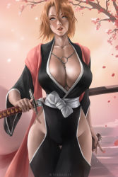 Rule 34 | 1girl, artist name, black kimono, bleach, blue eyes, bottle, breasts, cleavage, collarbone, hair between eyes, highres, hip vent, holding, holding bottle, huge breasts, japanese clothes, jewelry, kimono, lips, long sleeves, looking at viewer, matsumoto rangiku, mole, mole on breast, mole on collarbone, mole under mouth, necklace, no panties, nose, orange hair, parted lips, petals, pink scarf, sake bottle, sash, scarf, sheath, sheathed, short hair, solo, standing, sword, sword behind back, thigh gap, tree, watermark, weapon, weapon on back, white sash, wide sleeves, wtparadise