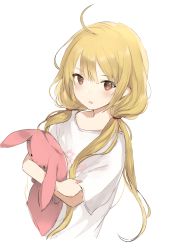 Rule 34 | 1girl, ahoge, blush, closed eyes, futaba anzu, holding, idolmaster, idolmaster cinderella girls, looking at viewer, low twintails, lpip, hugging object, open mouth, shirt, short sleeves, sidelocks, simple background, solo, stuffed animal, stuffed rabbit, stuffed toy, t-shirt, twintails, upper body, white background, white shirt
