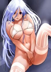 Rule 34 | 1girl, bare arms, bare shoulders, bikini, bikini top only, bottomless, breasts, collarbone, covering privates, covering crotch, eyebrows, fingernails, groin, hair between eyes, highres, large breasts, light purple hair, lips, long hair, navel, original, parted lips, sitting, solo, soranaka ame, spread legs, stomach, swimsuit, thighhighs, underboob, v arms, very long hair, white bikini, white thighhighs