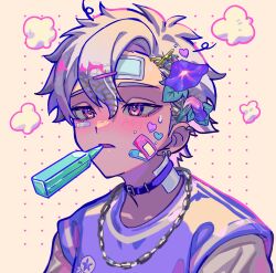 Rule 34 | 1boy, bandaged head, bandaged neck, bandages, bandaid, bandaid on head, blush, bottle, collar, commentary request, earrings, flower, flower request, food in mouth, gradient eyes, hair flower, hair ornament, haru4aki, highres, jewelry, long sleeves, male focus, multicolored eyes, multiple earrings, necklace, original, parted lips, pink eyes, portrait, purple eyes, purple flower, purple shirt, shirt, sick, simple background, solo, sweat, upper body, visible air, yellow background
