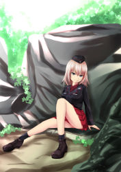 Rule 34 | 10s, 1girl, absurdres, ankle boots, arm support, black footwear, black jacket, black socks, blue eyes, boots, dress shirt, garrison cap, girls und panzer, hat, highres, itsumi erika, jacket, long hair, long sleeves, looking at viewer, military, military uniform, miniskirt, outdoors, pleated skirt, red shirt, red skirt, ririka (ab-yuri), shirt, silver hair, sitting, skirt, smile, socks, solo, uniform