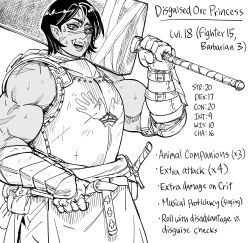 Rule 34 | 1girl, absurdres, armor, bb (baalbuddy), breastplate, dungeons &amp; dragons, english text, female orc, gauntlets, greatsword, greyscale, highres, holding, holding sword, holding weapon, monochrome, muscular, muscular female, orc, original, pointy ears, pouch, scar, scar across eye, scar on arm, sheath, sheathed, solo, sweat, sword, weapon, weapon on back, zweihander
